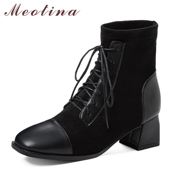 

women short boots shoes round toe chunky heels ankle lace up high heel ladies autumn winter black size 33-46 210517