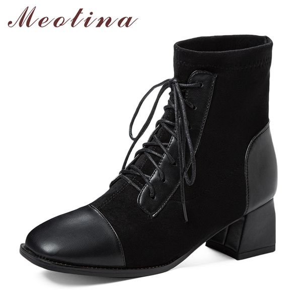 Stivali corti donna Scarpe Punta tonda Tacchi spessi Caviglia Stringata Tacco alto Donna Autunno Inverno Nero Taglia 33-46 210517