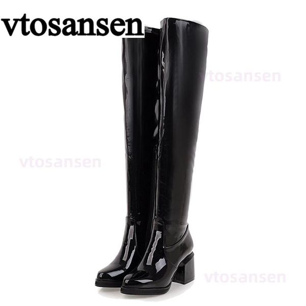

boots 2021long 2021high fashion patent leather over the knee for women thick heels with zipper party winter shoes girl, Black