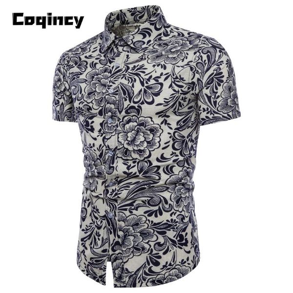 

men's casual shirts blouse men summer bohe floral short sleeve linen basic plus size chemise homme manche court blouses -5xl, White;black