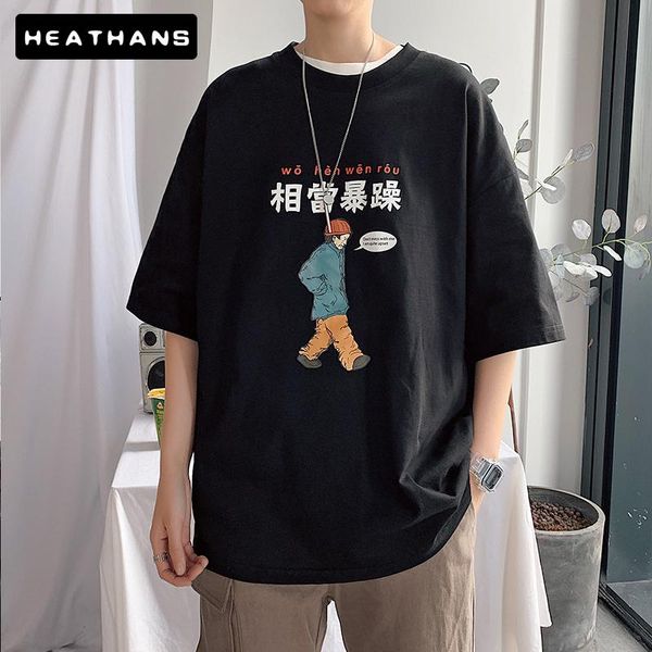 

mens o-neck short-sleeved t-shirt men's summer cartoon printing oversize t shirts loose handsome casual fun creative men clothes t-shir, White;black