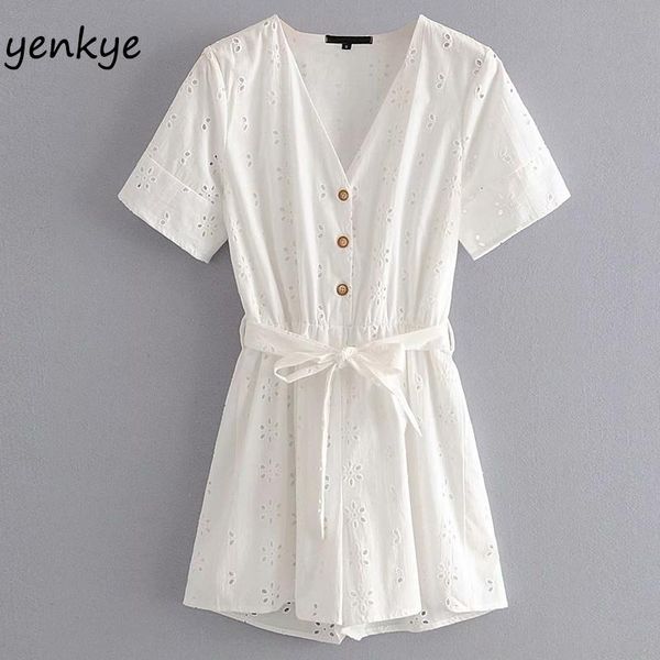 

women's jumpsuits & rompers openwork floral embroidery jumpsuit women v neck short sleeve sashes elegant white overalls summer playsuit, Black;white