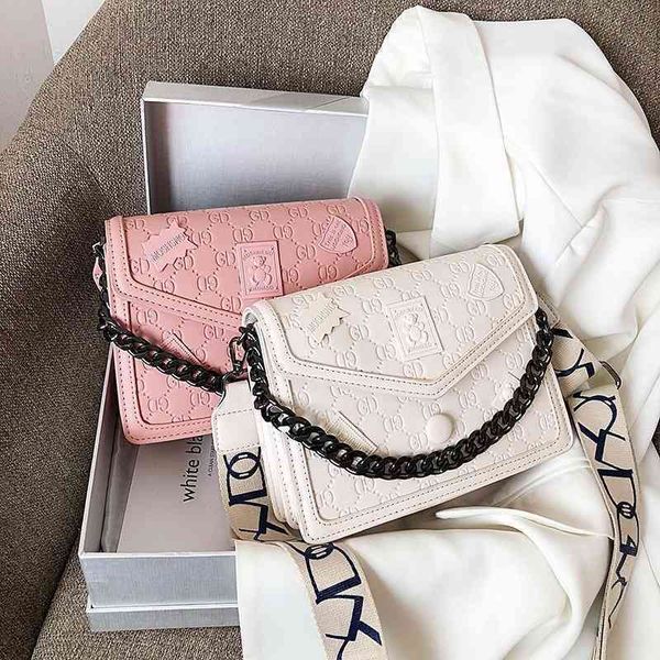 

2022 latest luggage factory wholesale women's new embossed wide shoulder strap single shoulder messenger bag chain, Black;red