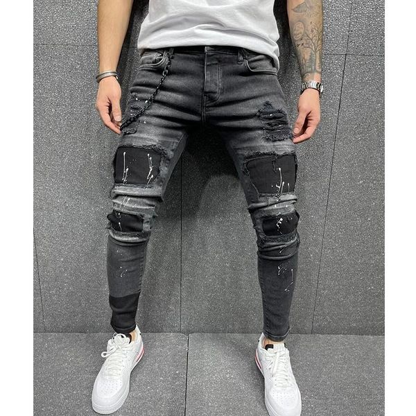 

men's jeans ripped printed stretch black with fabric patch, Blue