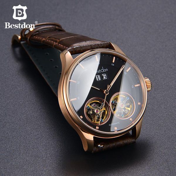 

wristwatches don double tourbillon watch men switzerland leather automatic mechanical watches man clock relogio masculino, Slivery;brown