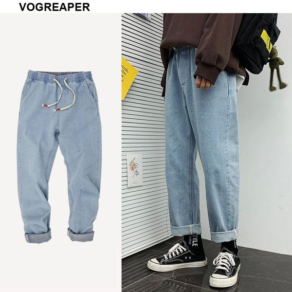 

men's jeans trend fashion blue black men ankle-length casual korean all-match straight drawstring waist streetwear mens denim pants