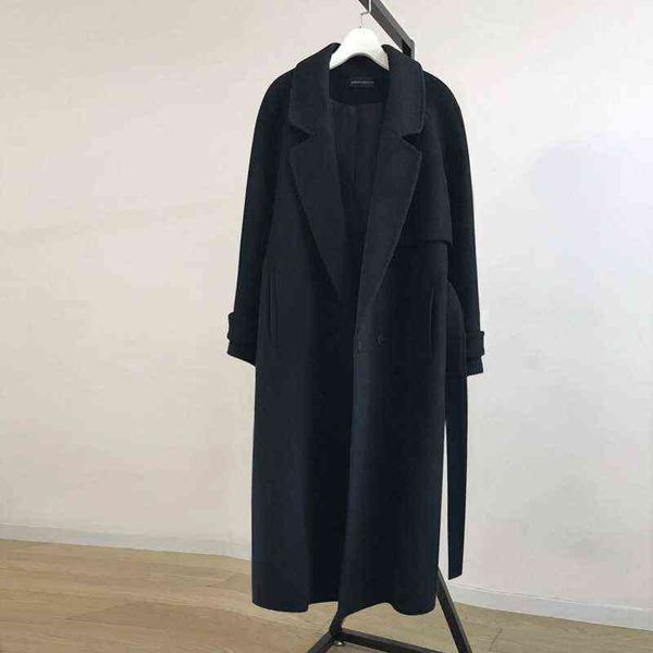 

spring women wool blends trench coat elegant outerwear casual loose cardigan female cashmere overcoat korean version 211118, Black
