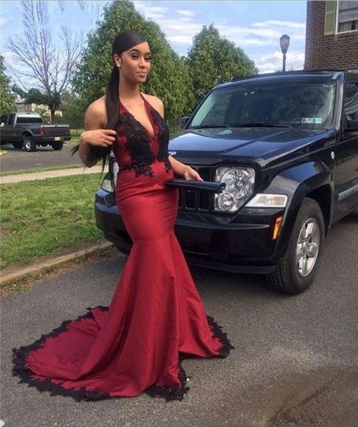 

arabic halter lace mermaid evening dresses with appliques sweep train backless formal prom party gowns plus size, Black;red