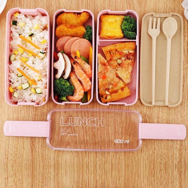 

dinnerware sets 3 layers health material lunch box wheat straw microwave tableware storage container with fork spoon