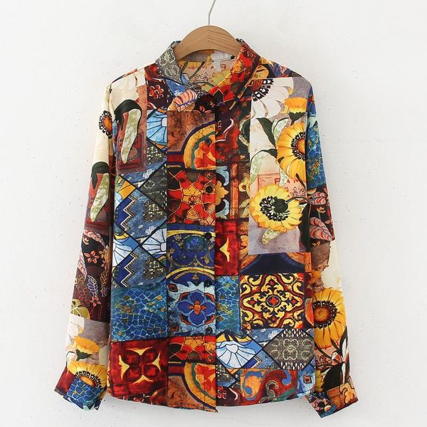 

vintage sunflower painting women shirts 2021 long sleeve autumn and blouse casual loose floral print ol shirt women's blouses &, White
