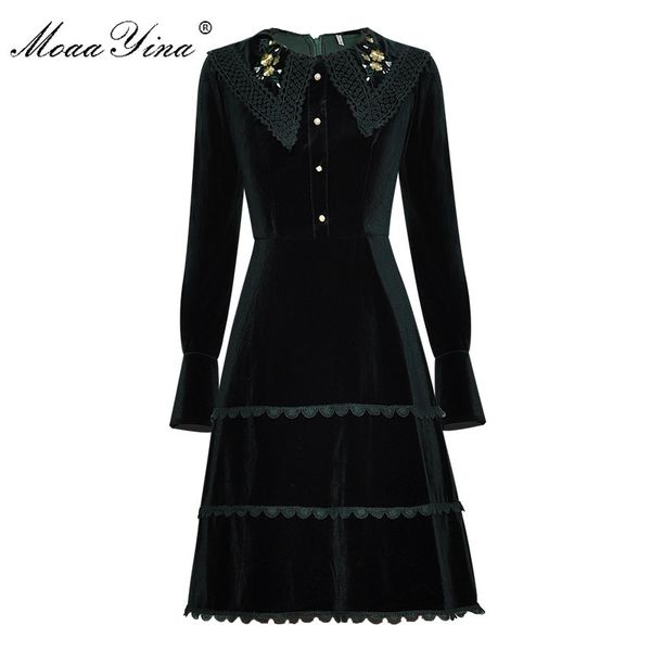 

fashion designer dress spring women's dress embroidery turn-down collar long sleeve velvet slim elegant vintage dresses 210524, Black;gray