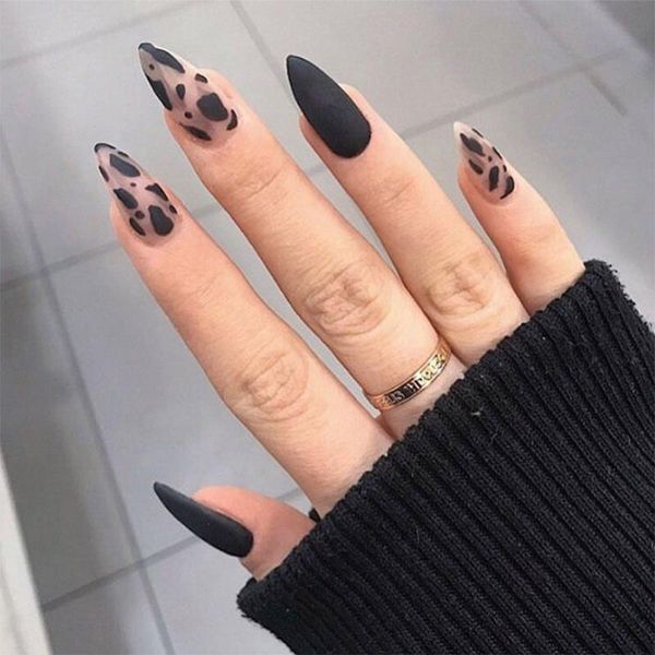 

24pcs stiletto false press on nails acrylic matte black color leopard wear finished product wearable full cover, Red;gold