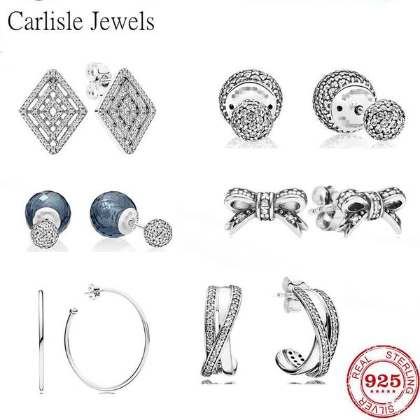 

stud 100% 925 sterling silver fit original pan earrings for women bowknot love heart crystal diy jewelry wedding gift, Golden;silver