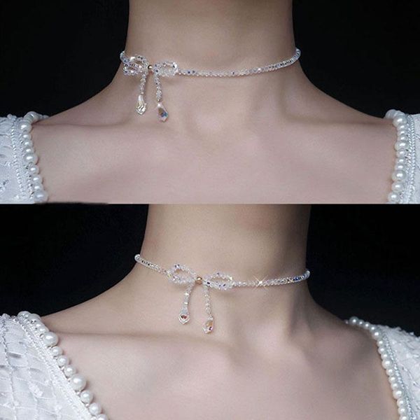 

pendant necklaces shiny crystal beads bowknot choker for women romantic sweet short chain girls gift wedding jewelry, Silver