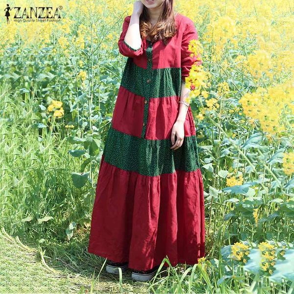 

casual dresses vintage printed maxi dress women's spring sundress long sleeve patchwork vestidos female o neck robe plus size 5xl, Black;gray