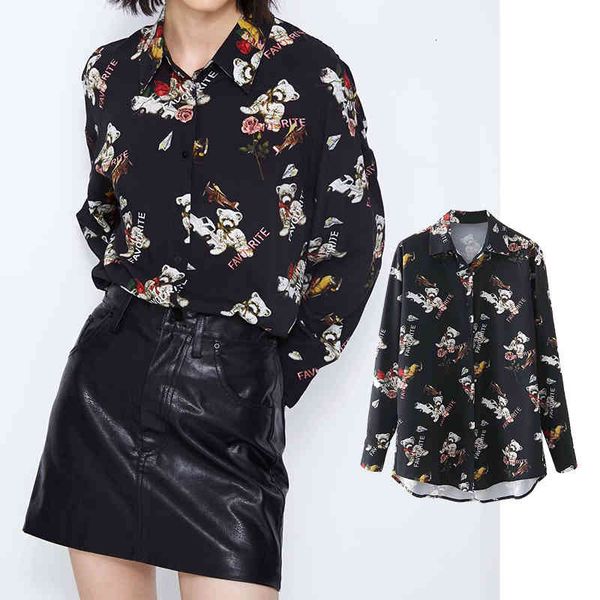 

women's blouses & shirts new fashion women bear printing chiffon shirt turn-down collar long sleeve chiffon shirt casual loose top, White