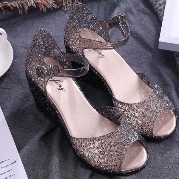 

clear jelly shoes woman summer transparent sandals hollow out crystal pvc wedges solid color peep toe women 2021, Black