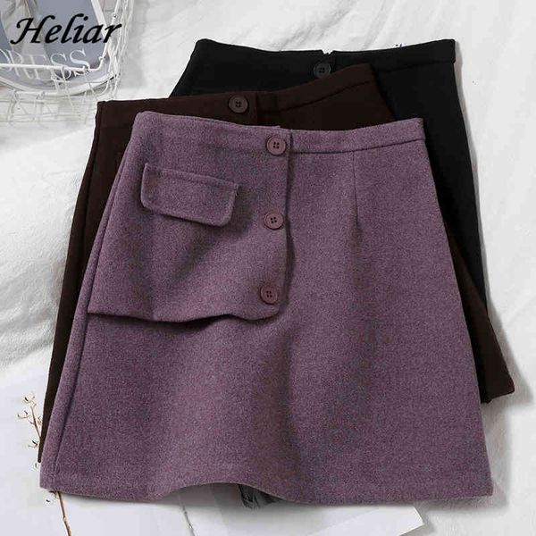 

winter wool mini skirt women solid button with mock pocket fashion bodycon skirts slim high waist girl 210518, Black