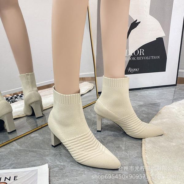 

boots women's fall 2021 pointed toe short tube knitted stretch thick heel socks, Black