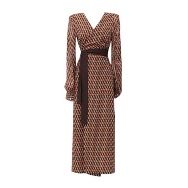 

korean version khaki plaid print v neck chiffon sash long sleeve split midi dress summer beach d1799 210514, Black;gray