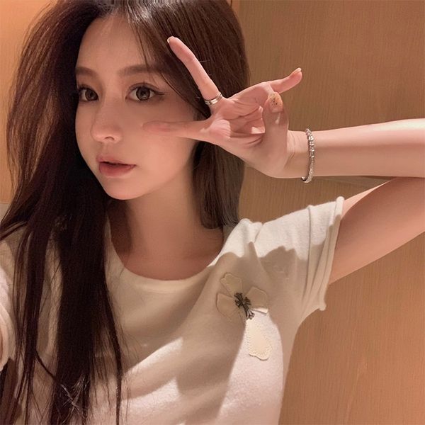 

ch good morning fan cross leather label bottomed shirt female xia slim thin versatile white short sleeve knitted, White;black