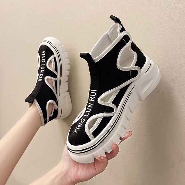 

sandals summer women platform thick sole increased roman female hollow breathable casual beach shoes 2021, Black