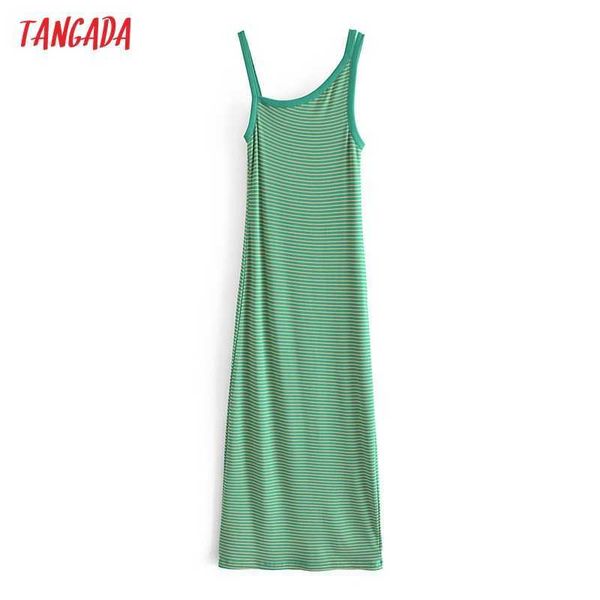 Tangada Donna Verde A Righe Canotta Abito Midi Strap Senza Maniche Coreano Moda Lady Abiti Eleganti Vestido 3W109 210609