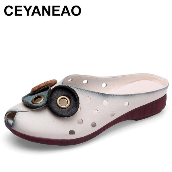 

slippers ceyaneao2021 genuine leather summer women flat slides retro soft bottom fish mouth without lace size, Black