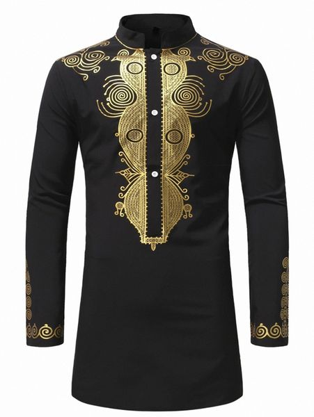 

men gilding print button front stand collar shirt e27e#, White;black