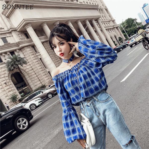 

women's blouses & shirts women chic korean loose all-match elegant off shoulder womens slash neck retro plaid female lantern sleeve sim, White