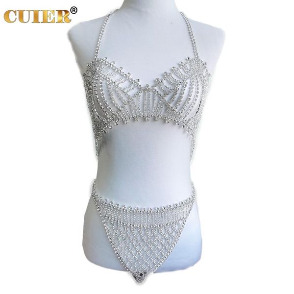 Bomboniera CUIER SS28 Cristallo Pietra Coppa Catena Reggiseno da donna Mutandine Caratteristiche Abito sexy regolabile con strass Argento