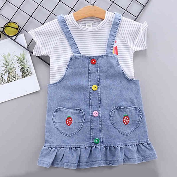 

girl's dresses summer suit girls set t-shirt+denim strap skirt 2pcs kids clothes embroidery clothing sets baby hmlz, Red;yellow