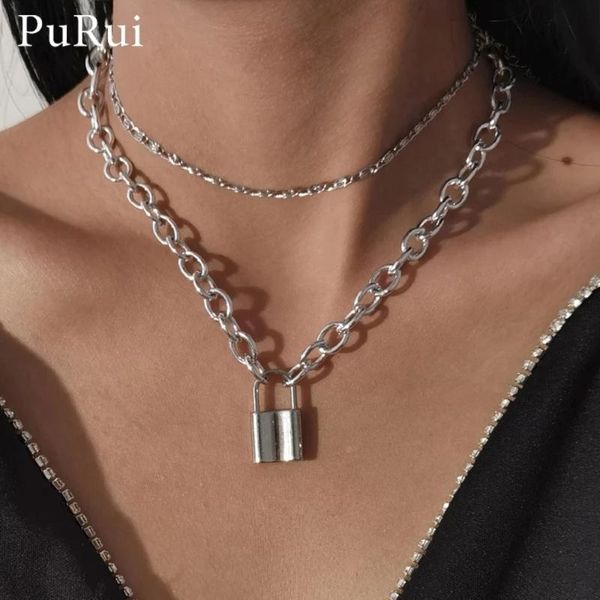 

lock necklace for women men punk cuban link chain padlock pendant choker statement gothic collier femme fashion jewerly necklaces, Silver