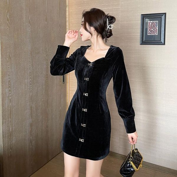 

casual dresses women korean dress fashion one piece autumn spring 2021 vintage long sleeve lantern square collar high waist, Black;gray