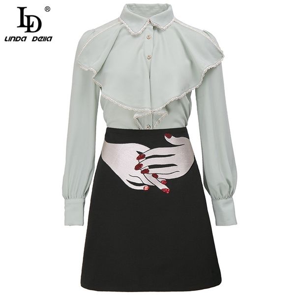 

summer fashion sets women's long sleeve elegant solid shirt and black embroidered short skirts two piece suit 210522, White