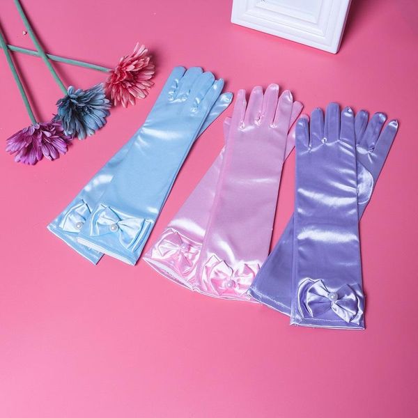 

bridal gloves 29cm girls silky satin fancy eblow length princess dress up bows formal for wedding party st269, White