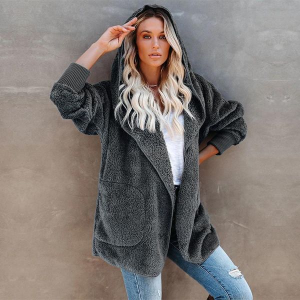 

women's fur & faux fashion pockets wool autumn winter coat women hooded jacket fleece shaggy warm jackets female overcoat outwear, Black