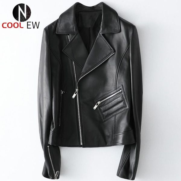 

women's leather & faux autumn women genuine jacket short slim fit outwear coat zipper fashion motorcycle real sheepskin jackets, Black