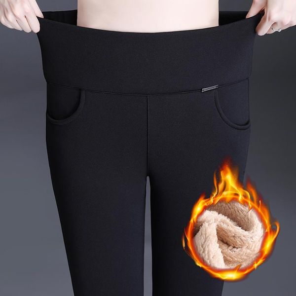 

women's pants & capris large size 6xl 2021 winter women warm plus thick lamb wool slim high waist stretch pencil female trousers, Black;white