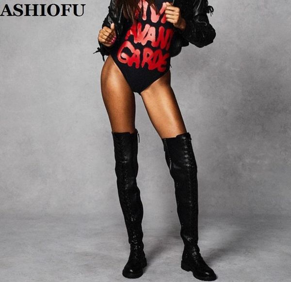 

boots ashiofu handmade ladies over knee club party prom flat winter evening fashion thigh high shoes, Black