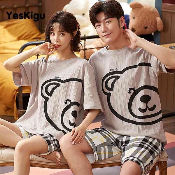 

summer couples pajama men bear cartoon sleepwear pyjamas loose homewear lovers nightgowns cotton pajama sets 210809, Black;red