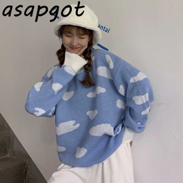 

sweaters&jumpers sweet o neck long sleeve pullovers cloud print knitted sweater autumn student wild loose pull femme 210610, White;black