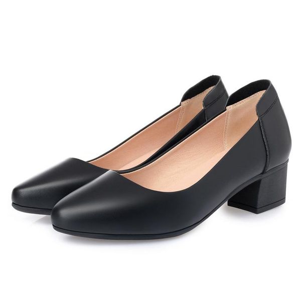 

dress shoes 2021 spring black soft full real leather women's shallow mouth with thick heel work woman high heels 4 cm