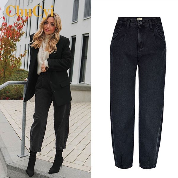 

jeans high waist harem loose streetwear 100% jeans trousers women pleated vintage cotton denim pants, Blue