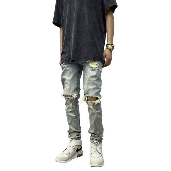 

men's jeans high street wear out washed versatile stretch slim pants, Blue