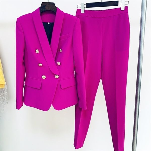 Roxo rosa amarelo pantsuits dois pedaço conjunto mulheres escritório senhoras Double Breasted Golden Botões Nine Blazer Calças Formal Ternos 220315