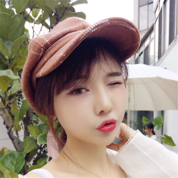 

autumn and winter new women's academy wind woollen cloth painter art lattice octagonal soft girl fashion hat, Black;white