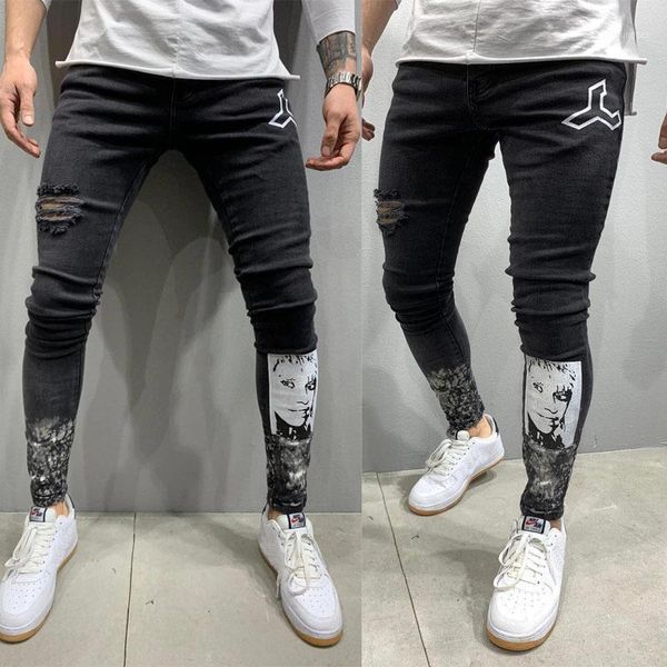 

men's mens printed pencil jeans skinny ripped destroyed denim pants stretch slim fit hop black jean designer brand man plus size1 i4zj, Blue