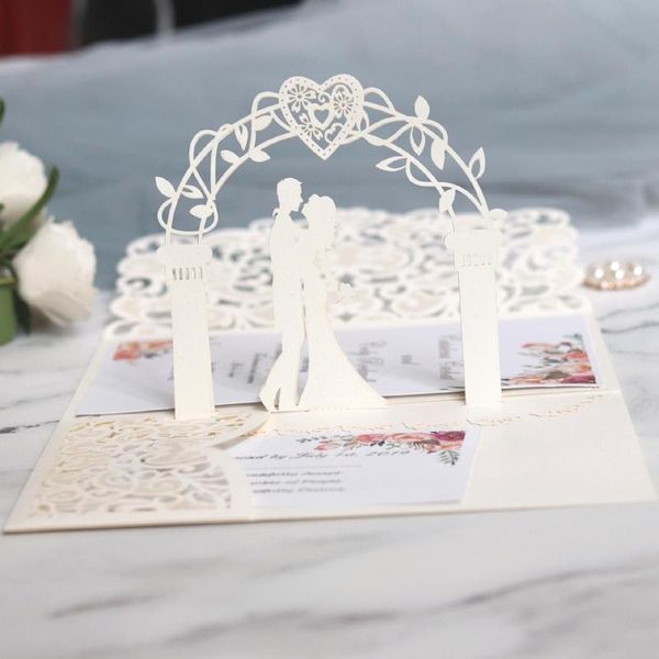 

greeting cards (10 pieces/lot) 3d up bride and groom white wedding invitation card laser cut pocket floral engagement invitations ic052