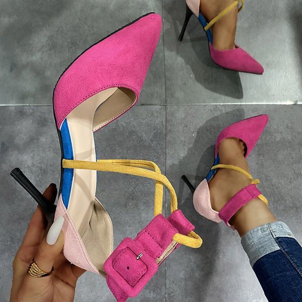 

women high heels pointed toe pumps ladies stiletto buckle strap plus size woman spring summer shoes cross new female shoe, Black